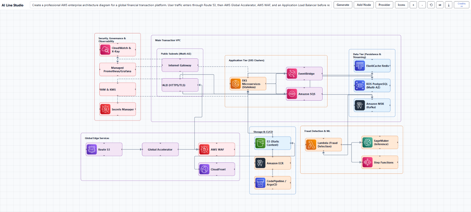 AI Line Studio AWS enterprise architecture diagram generated from a detailed input prompt